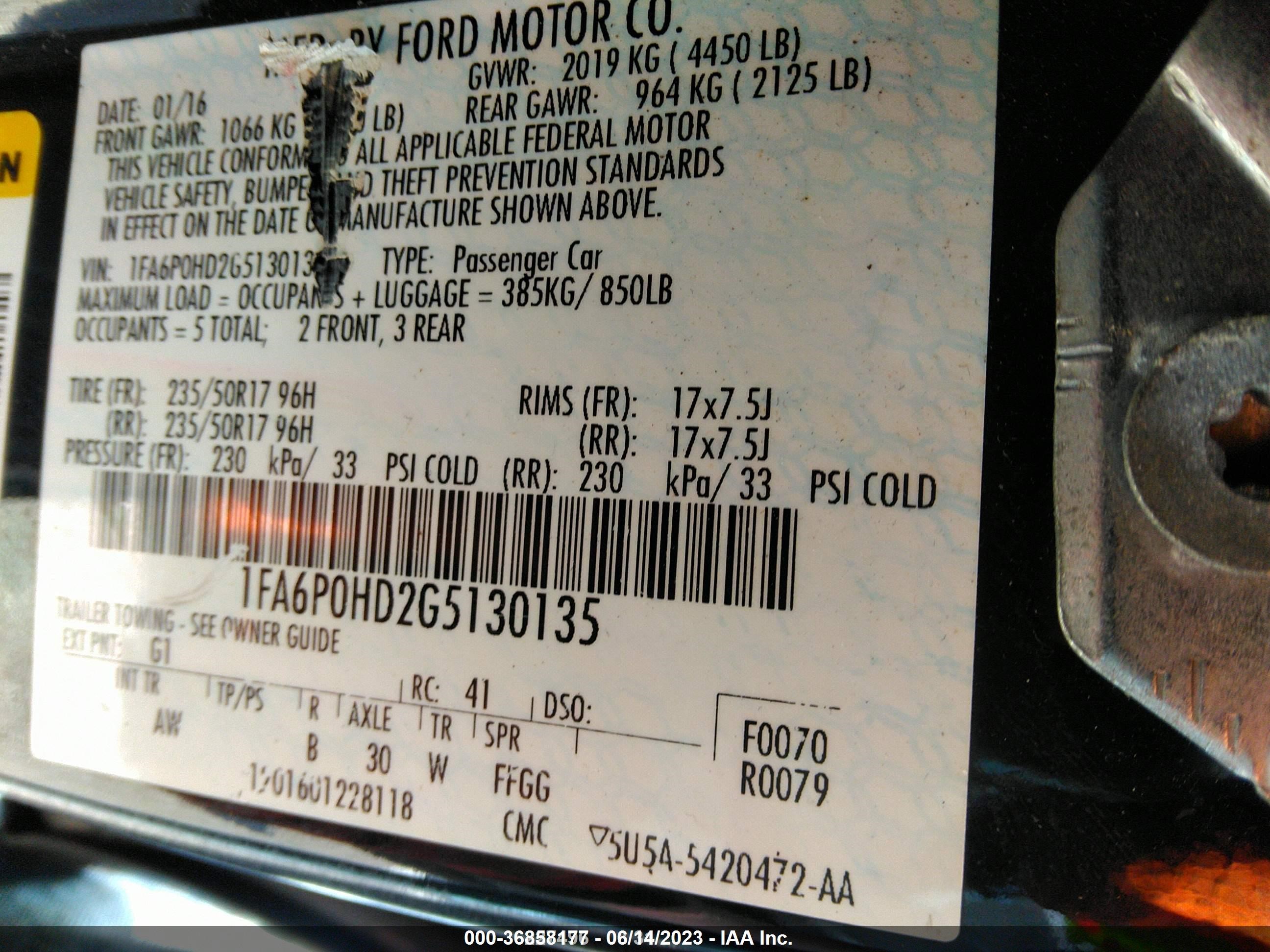 Photo 8 VIN: 1FA6P0HD2G5130135 - FORD FUSION 