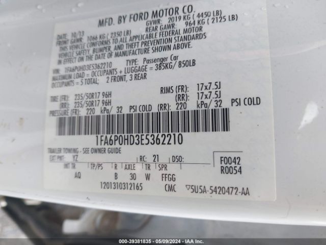 Photo 8 VIN: 1FA6P0HD3E5362210 - FORD FUSION 