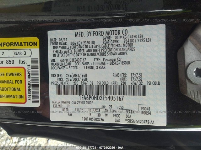 Photo 8 VIN: 1FA6P0HD3E5405167 - FORD FUSION 