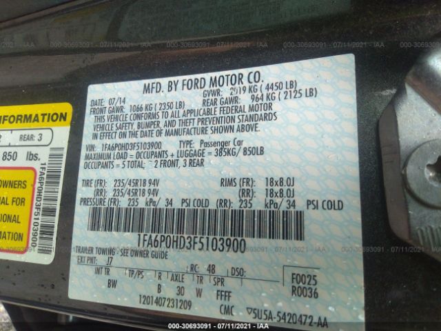 Photo 8 VIN: 1FA6P0HD3F5103900 - FORD FUSION 