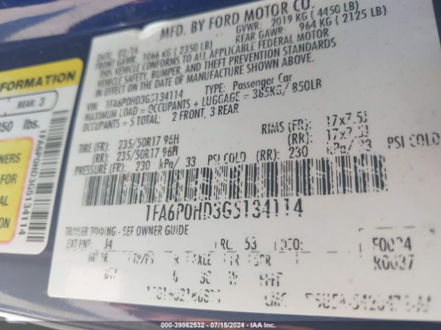 Photo 8 VIN: 1FA6P0HD3G5134114 - FORD FUSION 