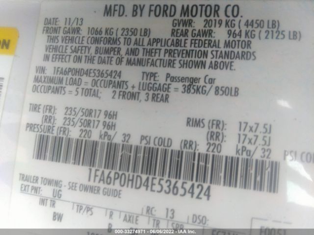 Photo 8 VIN: 1FA6P0HD4E5365424 - FORD FUSION 