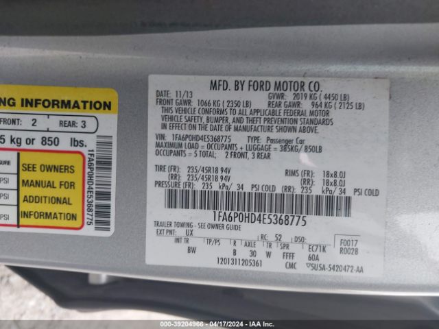 Photo 8 VIN: 1FA6P0HD4E5368775 - FORD FUSION 