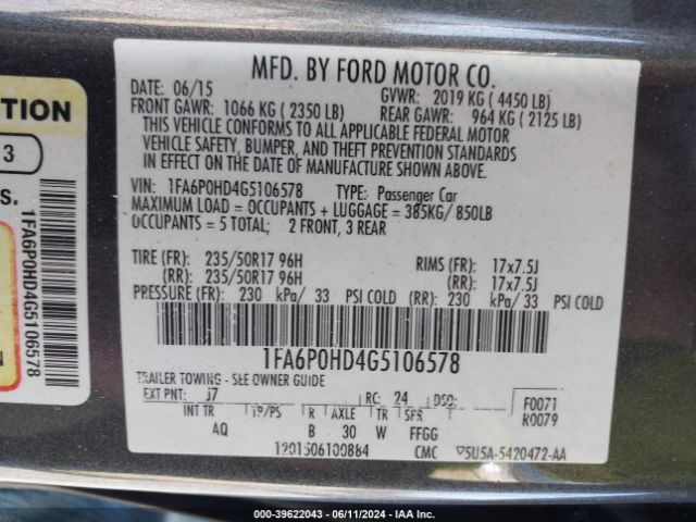 Photo 8 VIN: 1FA6P0HD4G5106578 - FORD FUSION 