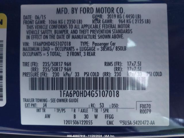 Photo 8 VIN: 1FA6P0HD4G5107018 - FORD FUSION 