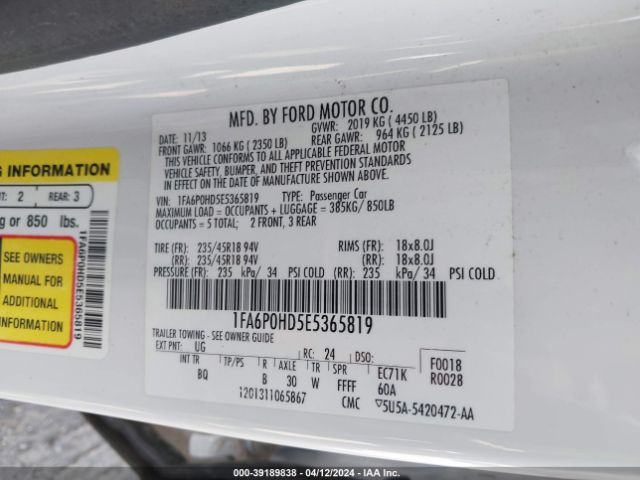 Photo 8 VIN: 1FA6P0HD5E5365819 - FORD FUSION 