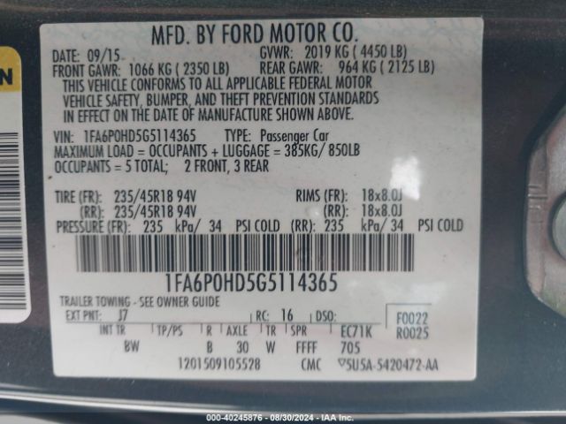 Photo 8 VIN: 1FA6P0HD5G5114365 - FORD FUSION 