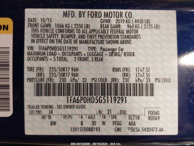 Photo 8 VIN: 1FA6P0HD5G5119291 - FORD FUSION 