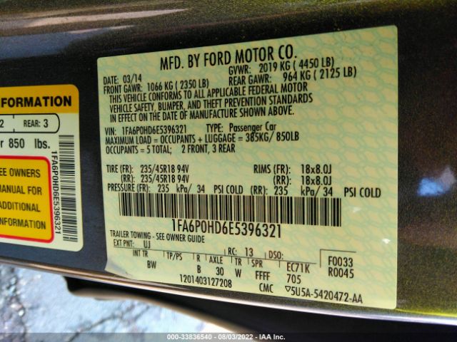 Photo 8 VIN: 1FA6P0HD6E5396321 - FORD FUSION 