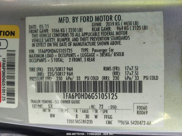 Photo 8 VIN: 1FA6P0HD6G5105125 - FORD FUSION 