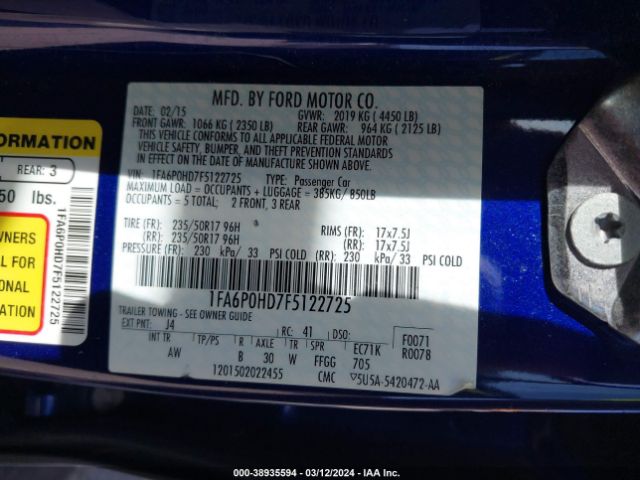 Photo 8 VIN: 1FA6P0HD7F5122725 - FORD FUSION 