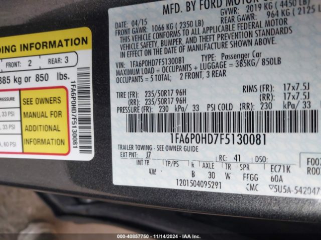 Photo 8 VIN: 1FA6P0HD7F5130081 - FORD FUSION 