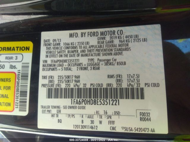 Photo 8 VIN: 1FA6P0HD8E5351221 - FORD FUSION 