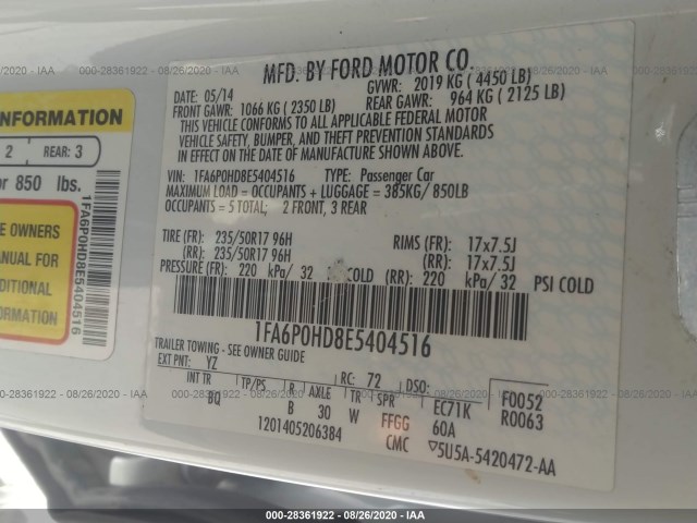 Photo 8 VIN: 1FA6P0HD8E5404516 - FORD FUSION 