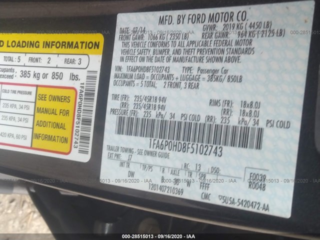 Photo 8 VIN: 1FA6P0HD8F5102743 - FORD FUSION 