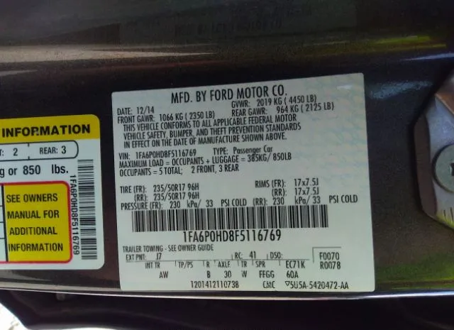 Photo 8 VIN: 1FA6P0HD8F5116769 - FORD FUSION 