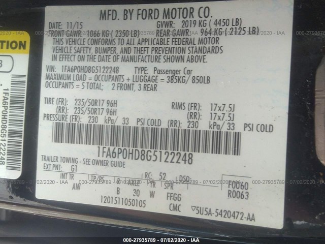 Photo 8 VIN: 1FA6P0HD8G5122248 - FORD FUSION 