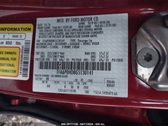 Photo 8 VIN: 1FA6P0HD8G5130141 - FORD FUSION 