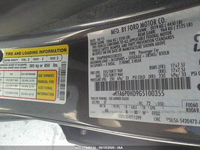 Photo 8 VIN: 1FA6P0HD9G5100355 - FORD FUSION 