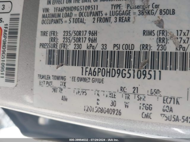 Photo 8 VIN: 1FA6P0HD9G5109511 - FORD FUSION 