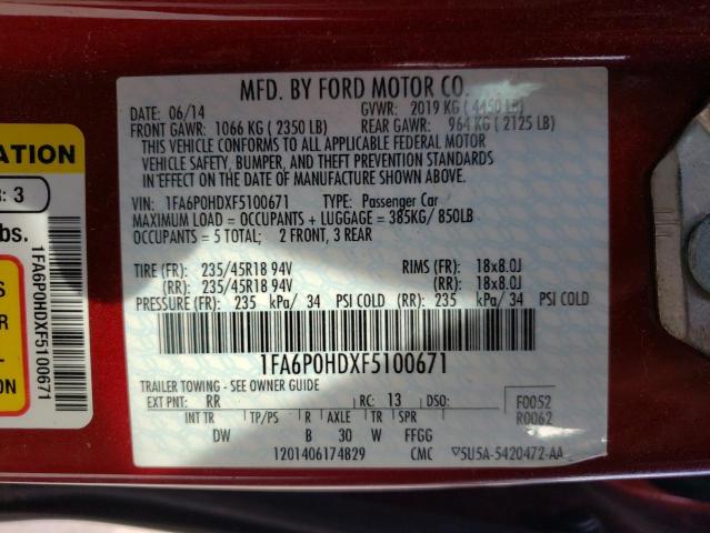 Photo 9 VIN: 1FA6P0HDXF5100671 - FORD FUSION SE 