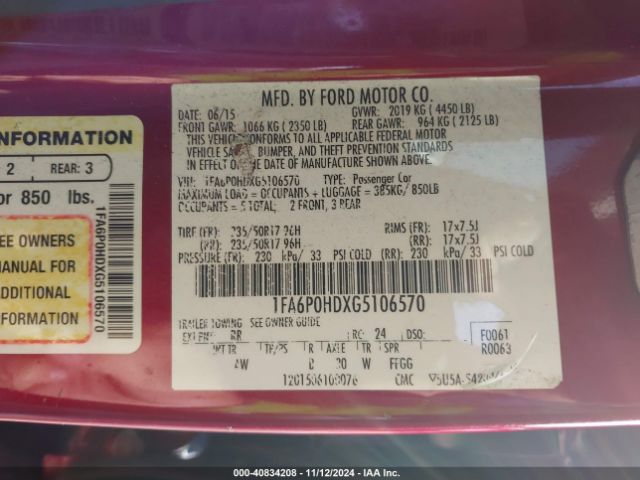 Photo 8 VIN: 1FA6P0HDXG5106570 - FORD FUSION 