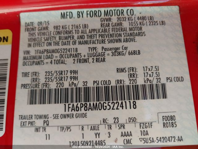 Photo 8 VIN: 1FA6P8AM0G5224118 - FORD MUSTANG 