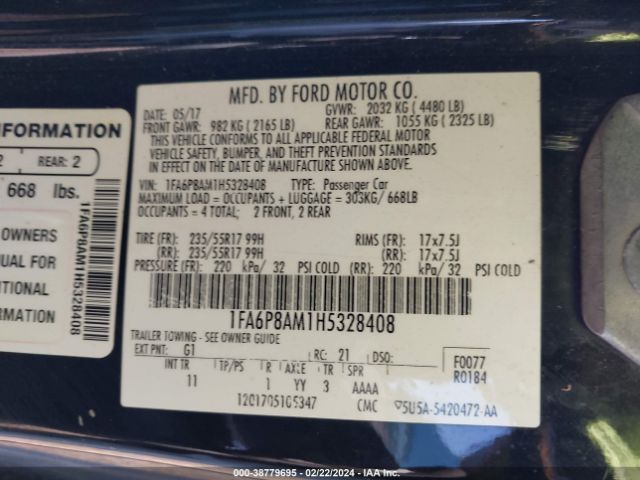 Photo 8 VIN: 1FA6P8AM1H5328408 - FORD MUSTANG 