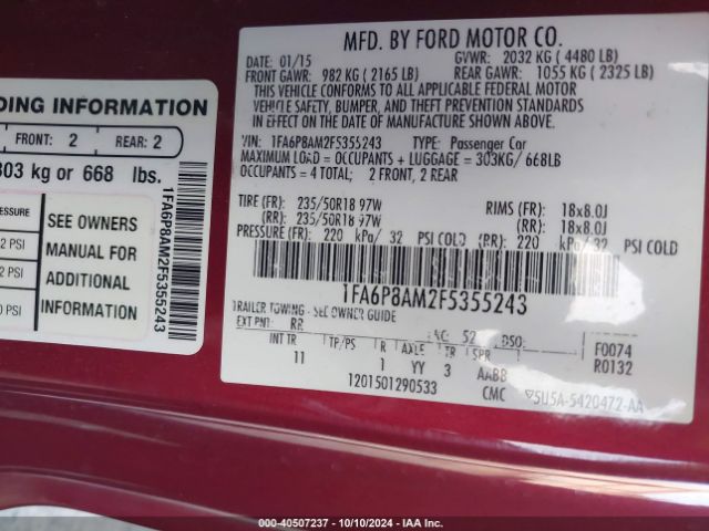 Photo 8 VIN: 1FA6P8AM2F5355243 - FORD MUSTANG 