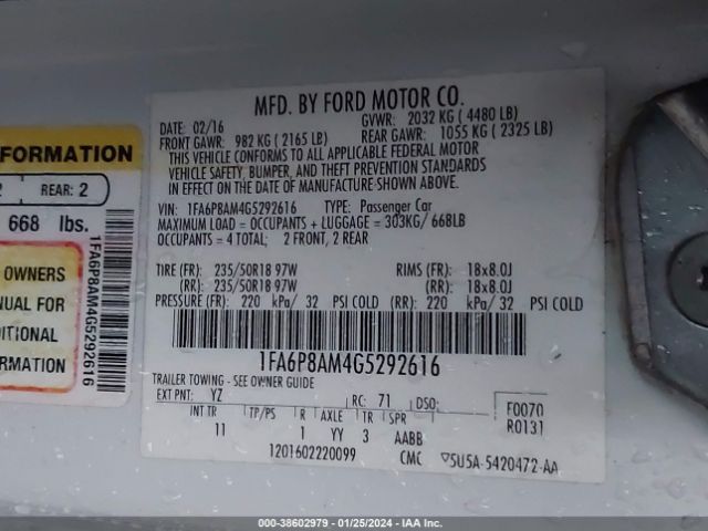 Photo 8 VIN: 1FA6P8AM4G5292616 - FORD MUSTANG 