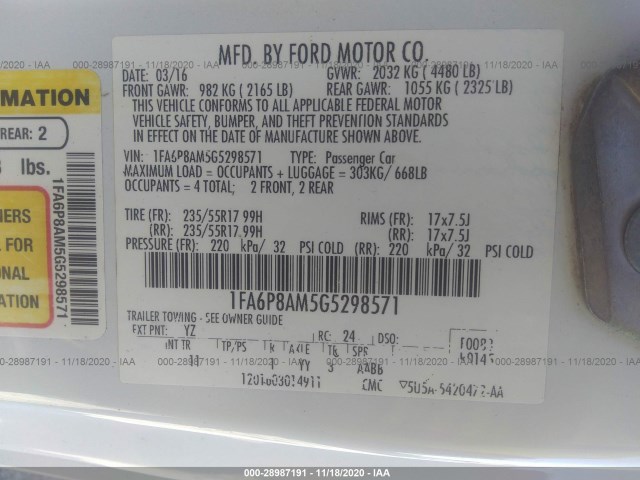 Photo 8 VIN: 1FA6P8AM5G5298571 - FORD MUSTANG 