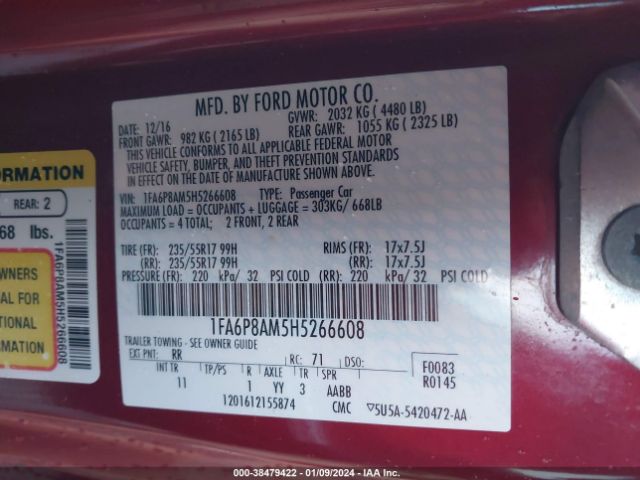 Photo 8 VIN: 1FA6P8AM5H5266608 - FORD MUSTANG 