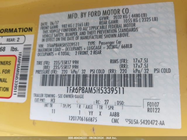 Photo 8 VIN: 1FA6P8AM5H5339511 - FORD MUSTANG 