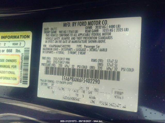 Photo 8 VIN: 1FA6P8AM6F5402290 - FORD MUSTANG 