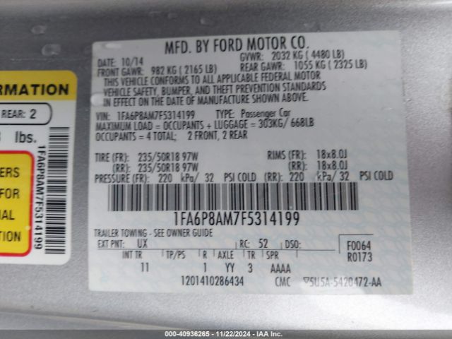 Photo 8 VIN: 1FA6P8AM7F5314199 - FORD MUSTANG 