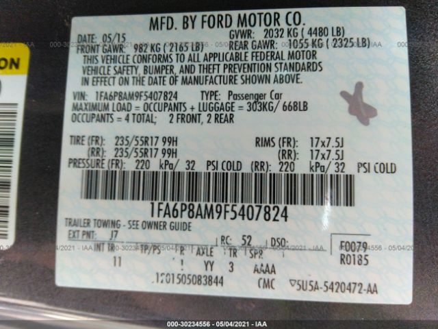 Photo 8 VIN: 1FA6P8AM9F5407824 - FORD MUSTANG 