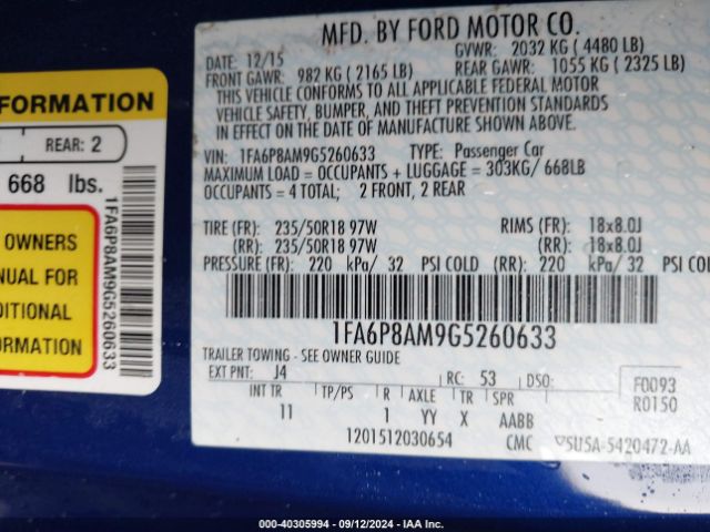 Photo 8 VIN: 1FA6P8AM9G5260633 - FORD MUSTANG 