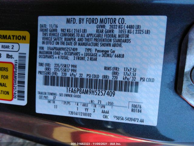 Photo 8 VIN: 1FA6P8AM9H5257409 - FORD MUSTANG 