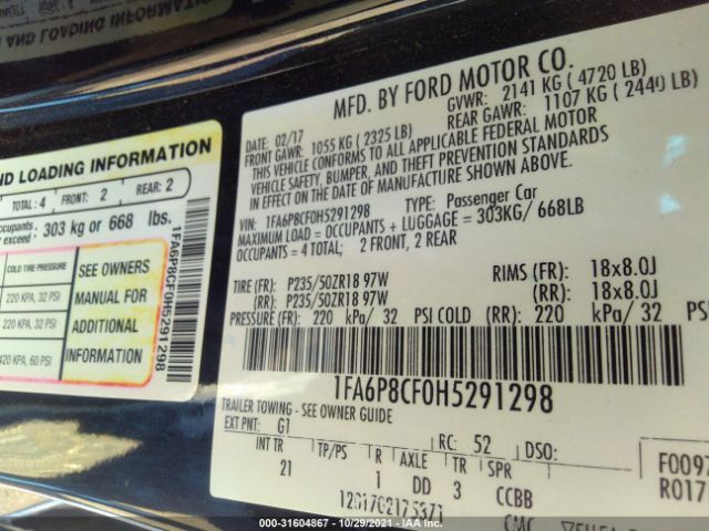 Photo 8 VIN: 1FA6P8CF0H5291298 - FORD MUSTANG 