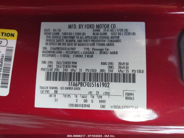 Photo 8 VIN: 1FA6P8CF0J5161902 - FORD MUSTANG 