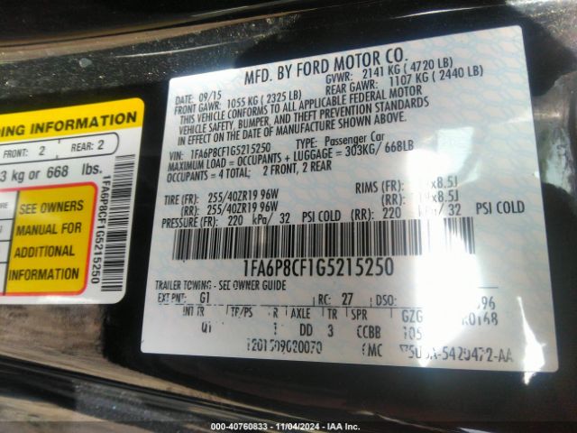 Photo 8 VIN: 1FA6P8CF1G5215250 - FORD MUSTANG 