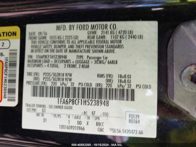 Photo 8 VIN: 1FA6P8CF1H5238948 - FORD MUSTANG 