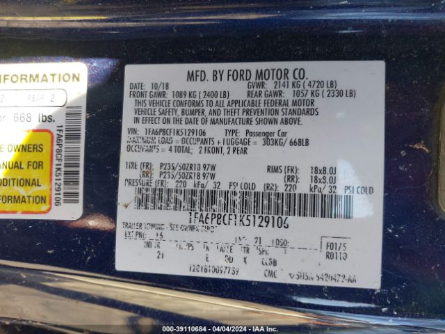 Photo 8 VIN: 1FA6P8CF1K5129106 - FORD MUSTANG 