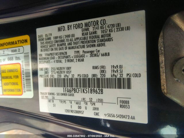 Photo 8 VIN: 1FA6P8CF1K5189628 - FORD MUSTANG 