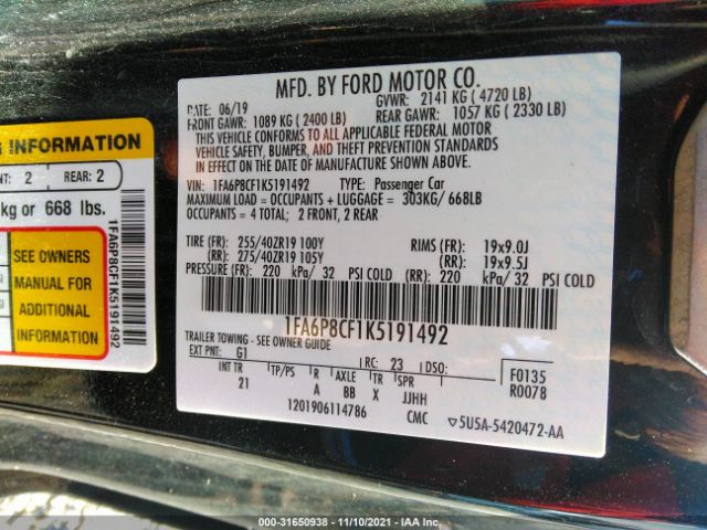 Photo 8 VIN: 1FA6P8CF1K5191492 - FORD MUSTANG 