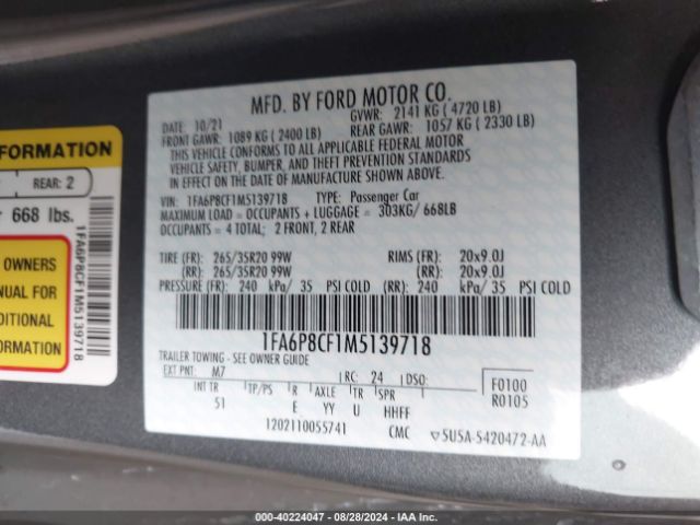 Photo 8 VIN: 1FA6P8CF1M5139718 - FORD MUSTANG 