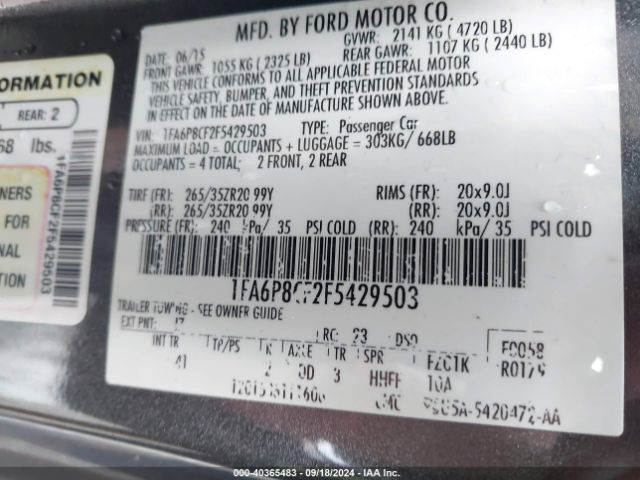 Photo 8 VIN: 1FA6P8CF2F5429503 - FORD MUSTANG 