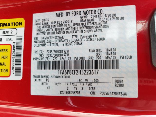 Photo 9 VIN: 1FA6P8CF2H5223617 - FORD MUSTANG GT 