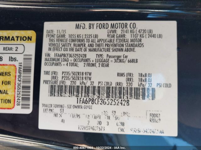 Photo 8 VIN: 1FA6P8CF3G5252428 - FORD MUSTANG 