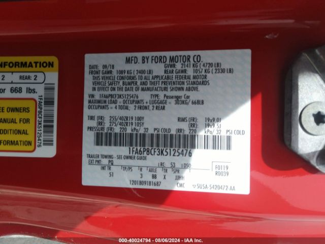 Photo 8 VIN: 1FA6P8CF3K5125476 - FORD MUSTANG 